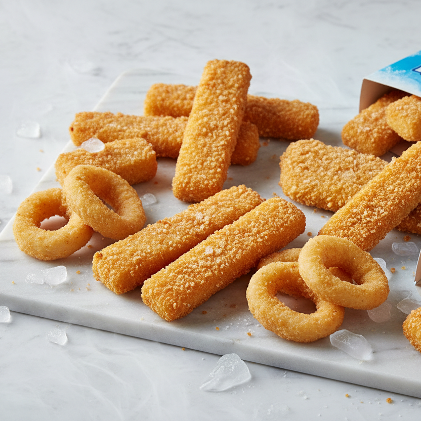 generate an image of ready to fry fish products, frozen food items